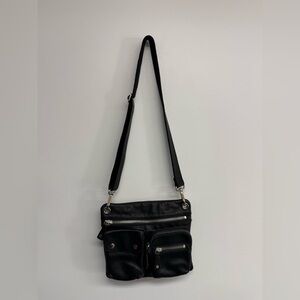Fossil Sutter Black Leather Crossbody Bag with Silver Zipper
